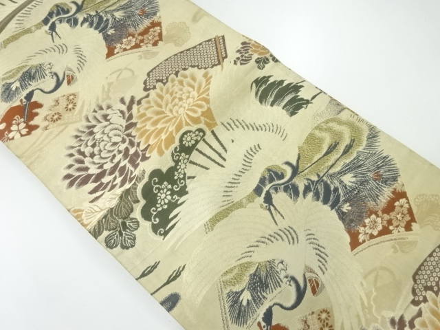 JAPANESE KIMONO / ANTIQUE MARU OBI / WOVEN CRANE & PEONY